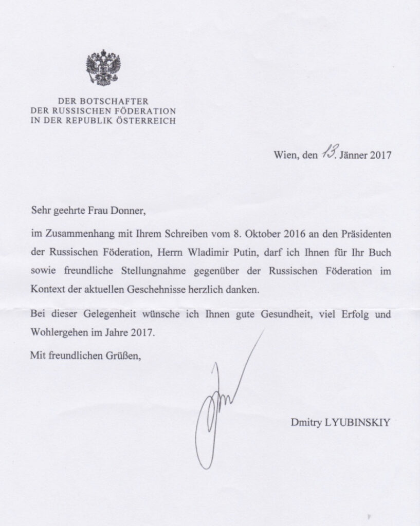 Monika Donner: Dankschreiben der russischen Botschaft für das Buch "God bless you, Putin!"