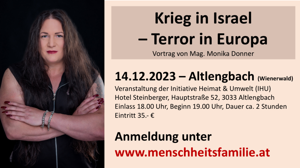 Monika Donner, Vortrag, Krieg in Israel – Terror in Europa